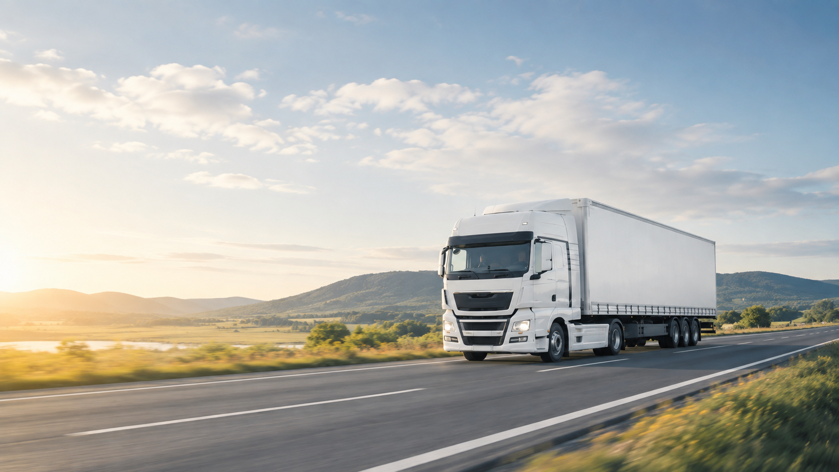 White truck driving on a highway at sunrise