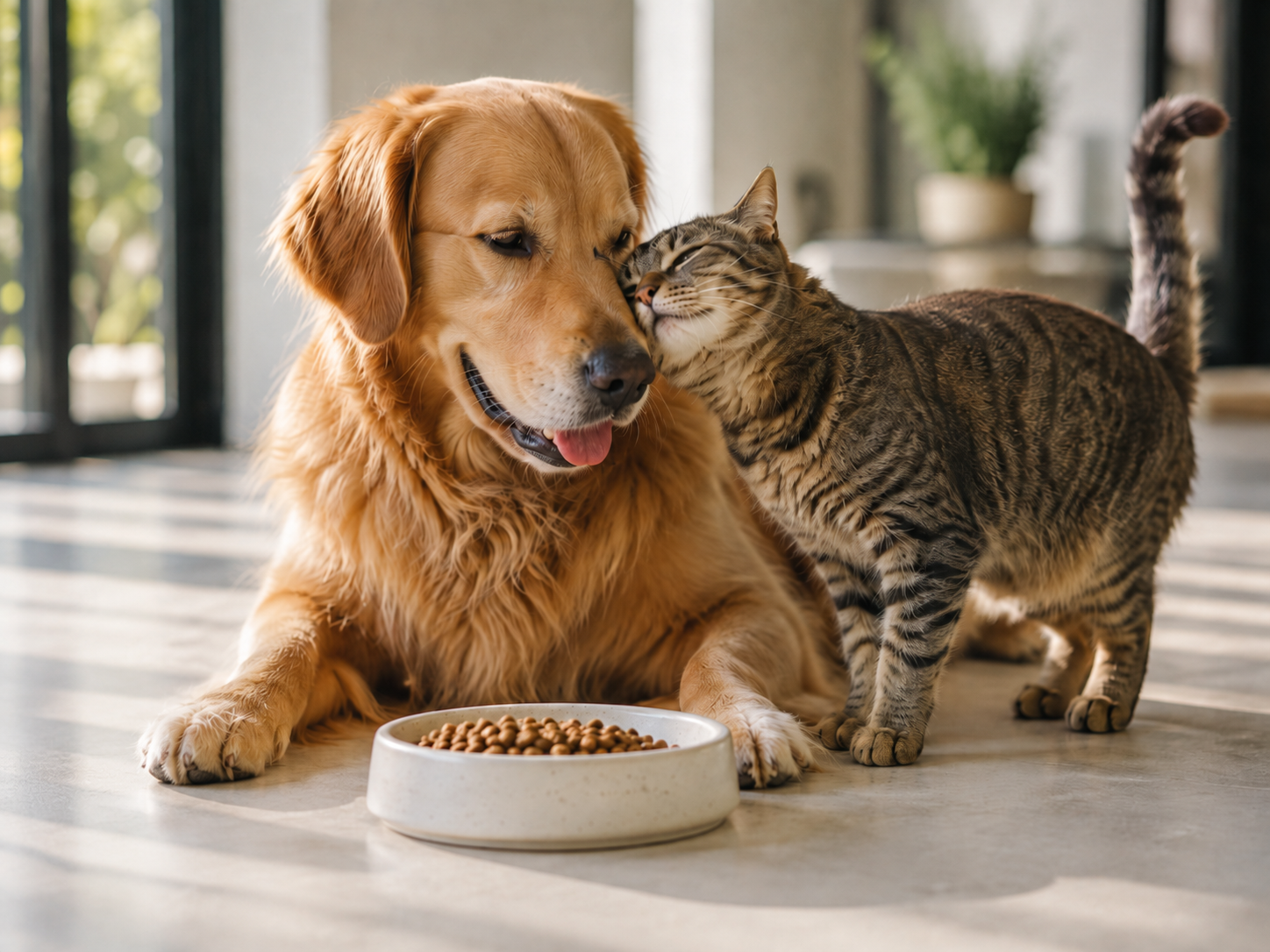 Golden retriever and cat beside a bowl of dry dog food